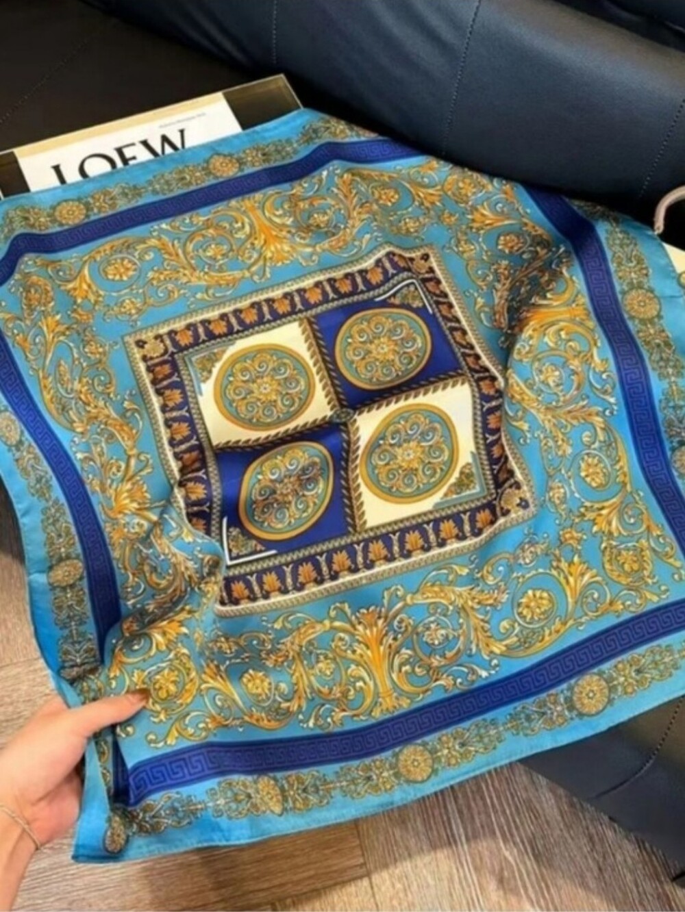 Silk-feel Ornate Blue and Gold Baroque Print Square Scarf 70*70cm